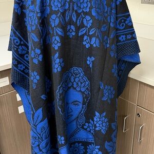 Mexican Poncho Frida Kahlo Fringe Gaban Woven Blue Black One Size